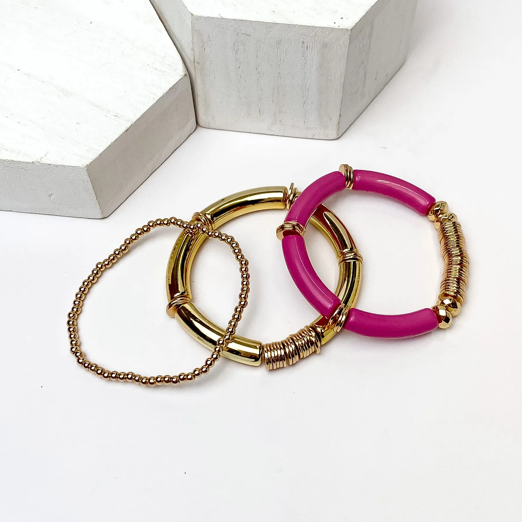 Set of Three | Bahama Nights Gold Tone Tube Bracelet Set in Purple