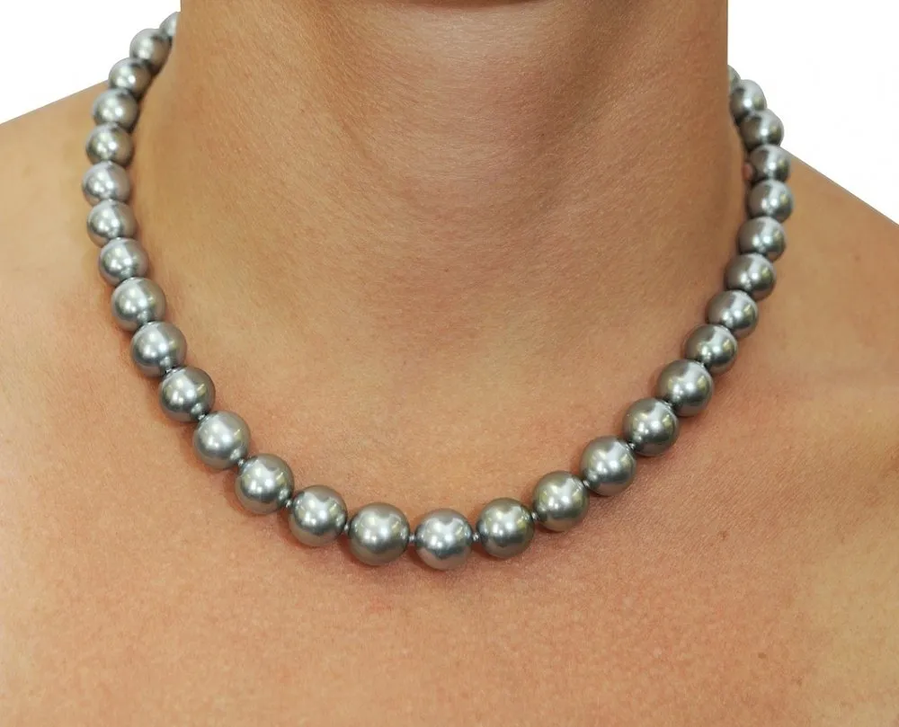 Silver Tahitian True Round Pearl Necklace, 9.0-11.0mm - AAAA Quality