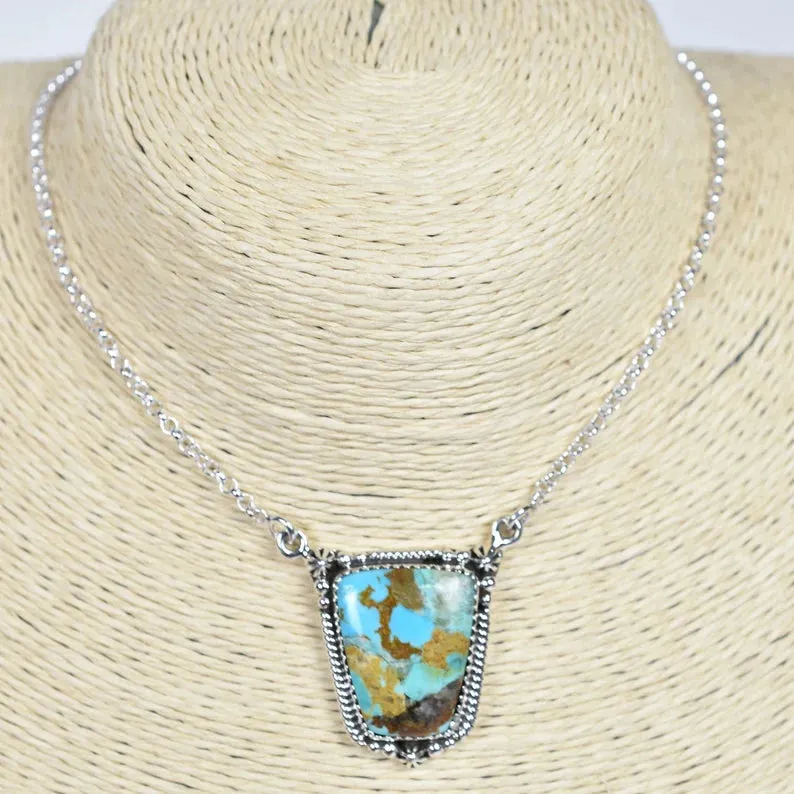 Vintage Mohave Turquoise Boho Pendant - 925 Sterling Silver Native American Pendant