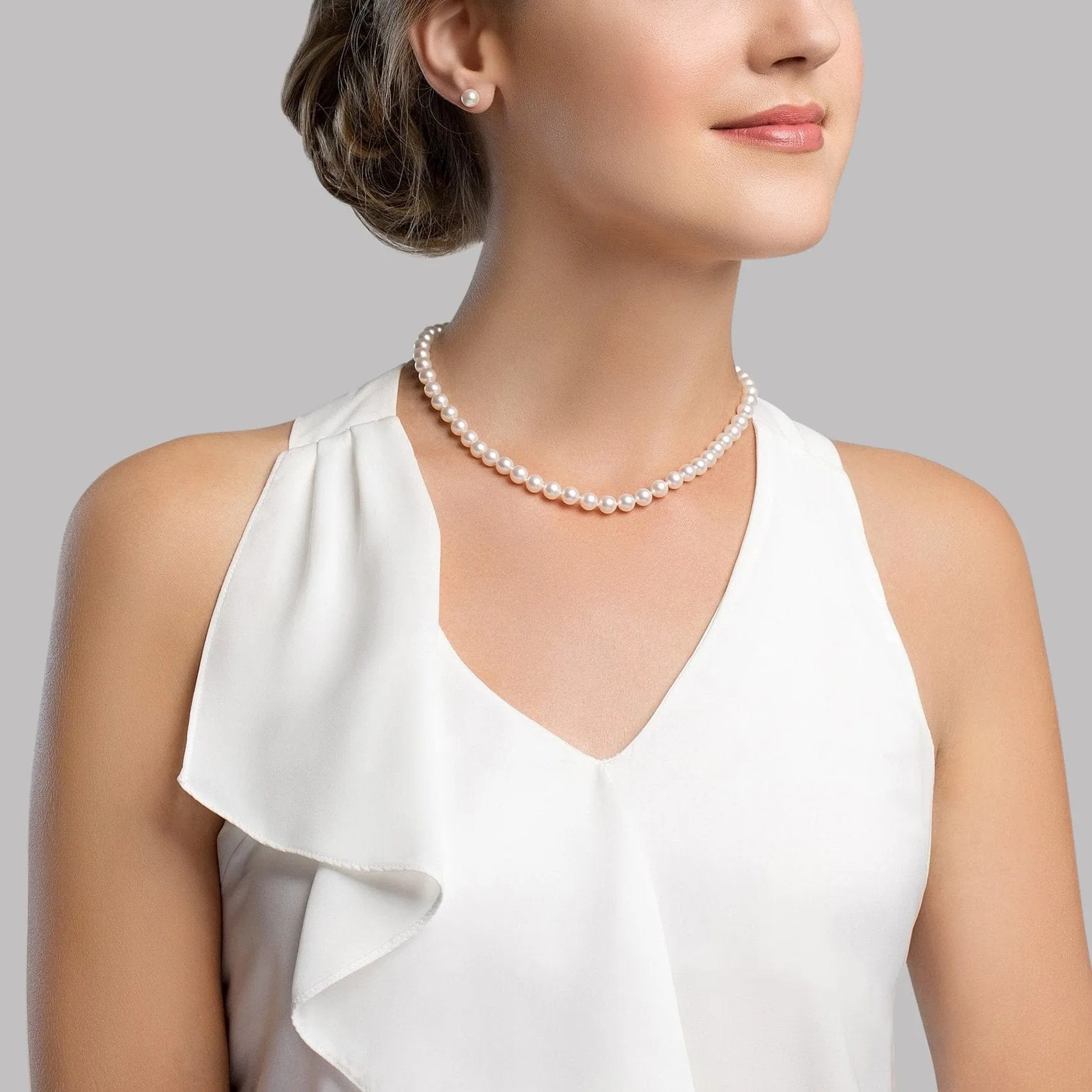 White Japanese Akoya Pearl Necklace & Earring 2-Piece Set, 6.5-7.0mm