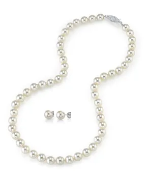 White Japanese Akoya Pearl Necklace & Earring 2-Piece Set, 6.5-7.0mm