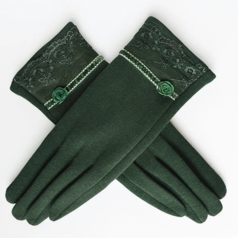 Women's Embroidered Winter Gloves - Dark Coffee,Light Coffee,Green,Black,Purple,Wine Red