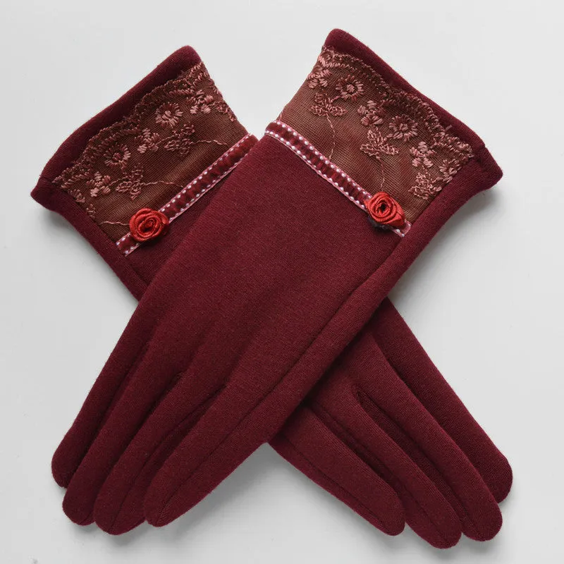 Women's Embroidered Winter Gloves - Dark Coffee,Light Coffee,Green,Black,Purple,Wine Red