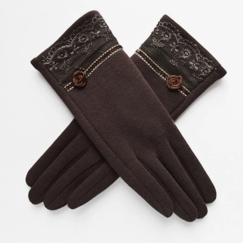 Women's Embroidered Winter Gloves - Dark Coffee,Light Coffee,Green,Black,Purple,Wine Red