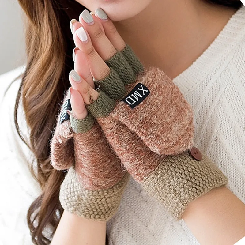 Women's Wool Knitted Fingerless Flip Winter Gloves