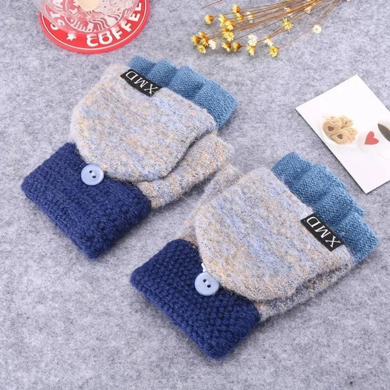 Women's Wool Knitted Fingerless Flip Winter Gloves