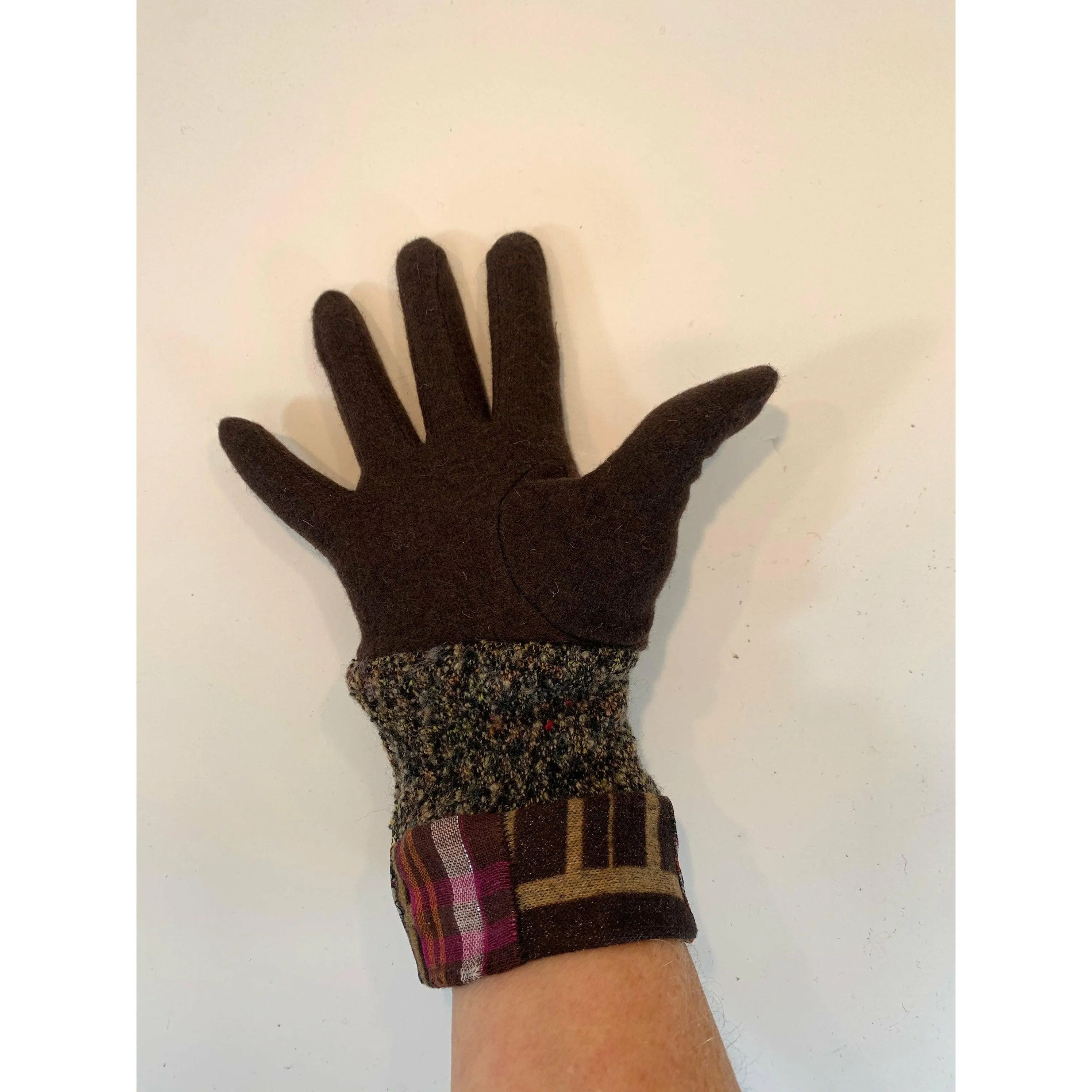 Wonderful brown wool winter gloves with recycled sweater bits, patchwork cuffs n felt details. Toasty gloves stretch to fit. Free Ship USA