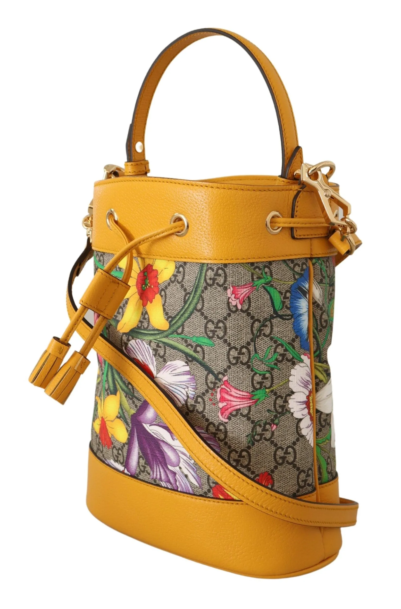 Yellow Leather & Canvas Ophidia Flora Bucket Shoulder Bag