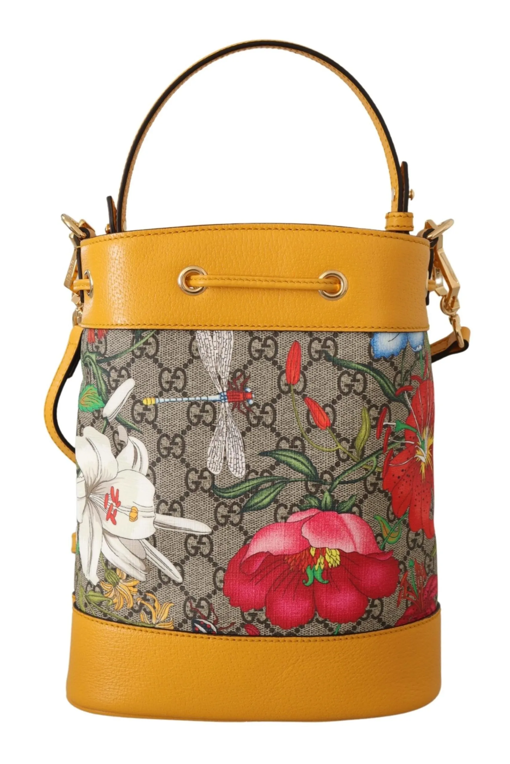 Yellow Leather & Canvas Ophidia Flora Bucket Shoulder Bag