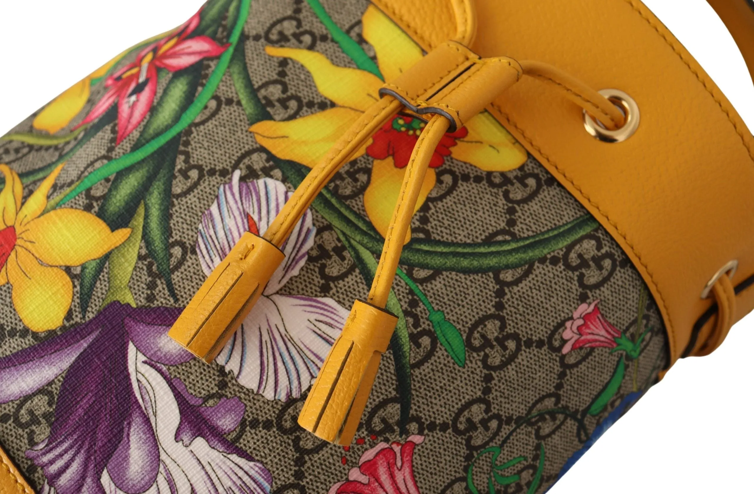 Yellow Leather & Canvas Ophidia Flora Bucket Shoulder Bag